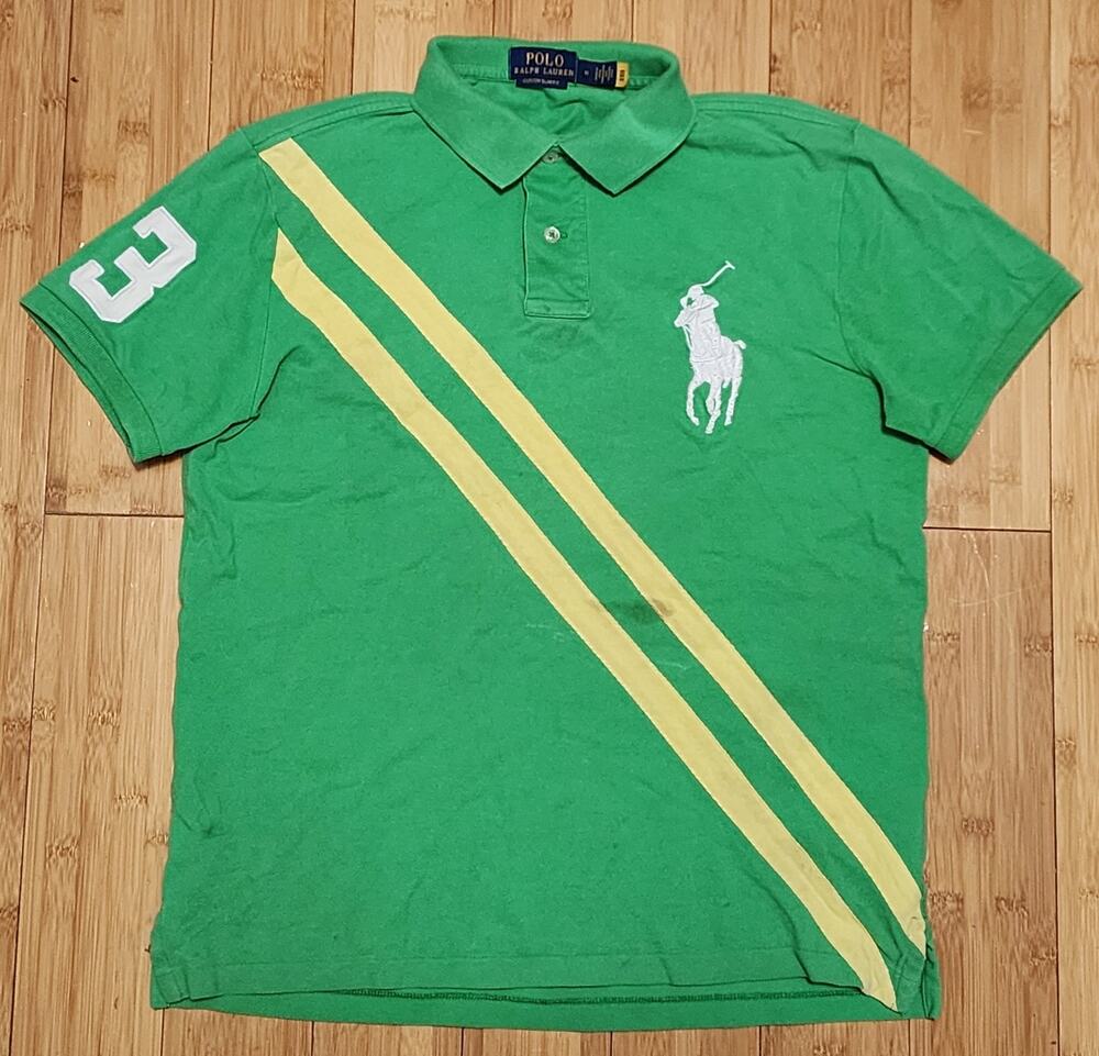 Ralph Lauren Custom Slim Fit Big Pony Mesh Polo Shirt Mens M Green Yellow Stripe